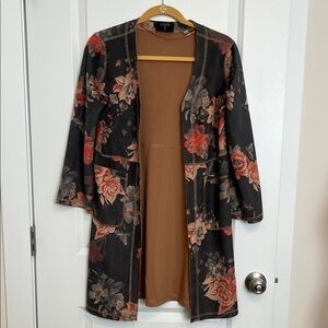 Tahari Duster Cardigan Gray Pink Rose Print Open Front Pockets Extra Small